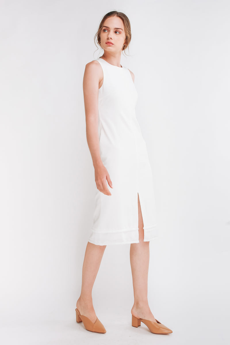 Front Slit Midi Dress W Fringe Detailing In White