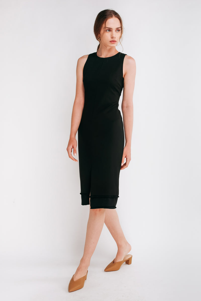 Front Slit Midi Dress W Fringe Detailing In Black