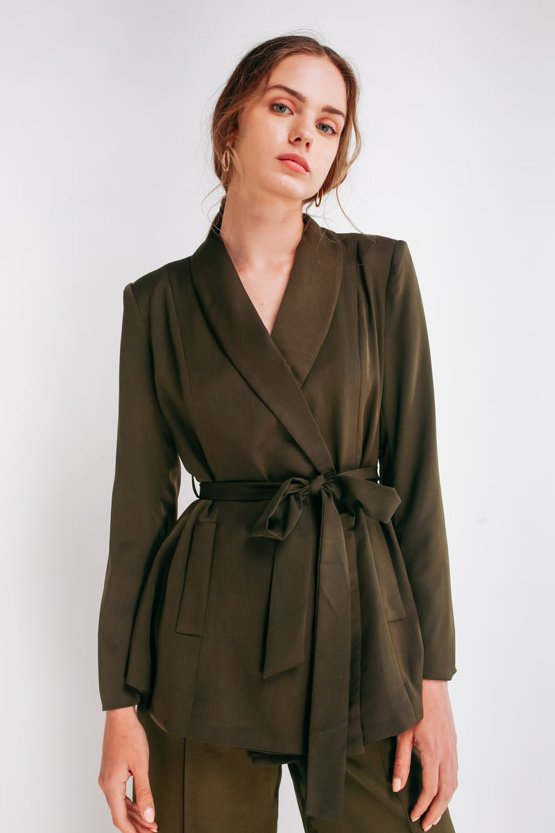 Wrap Blazer With Sash In Forest Green