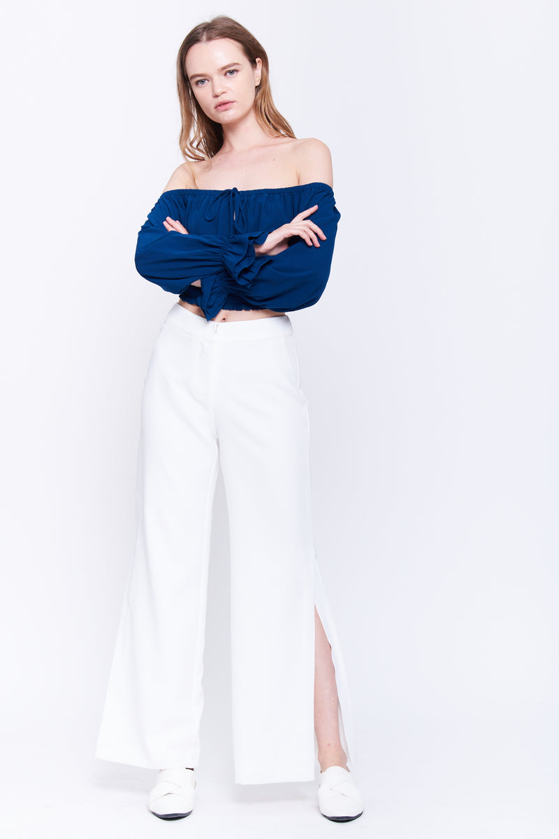 Ruffle Cuff Crop Top In Navy