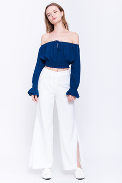 Ruffle Cuff Crop Top In Navy