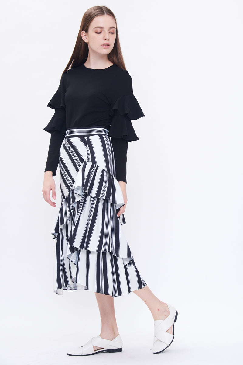 Ruffle Midi Skirt In Stripes