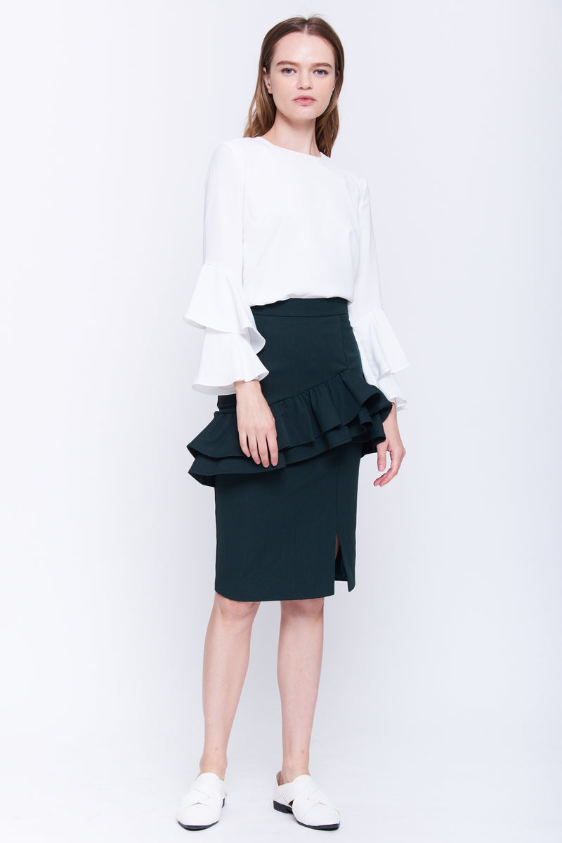 Ruffle Pencil Skirt In Forest Green