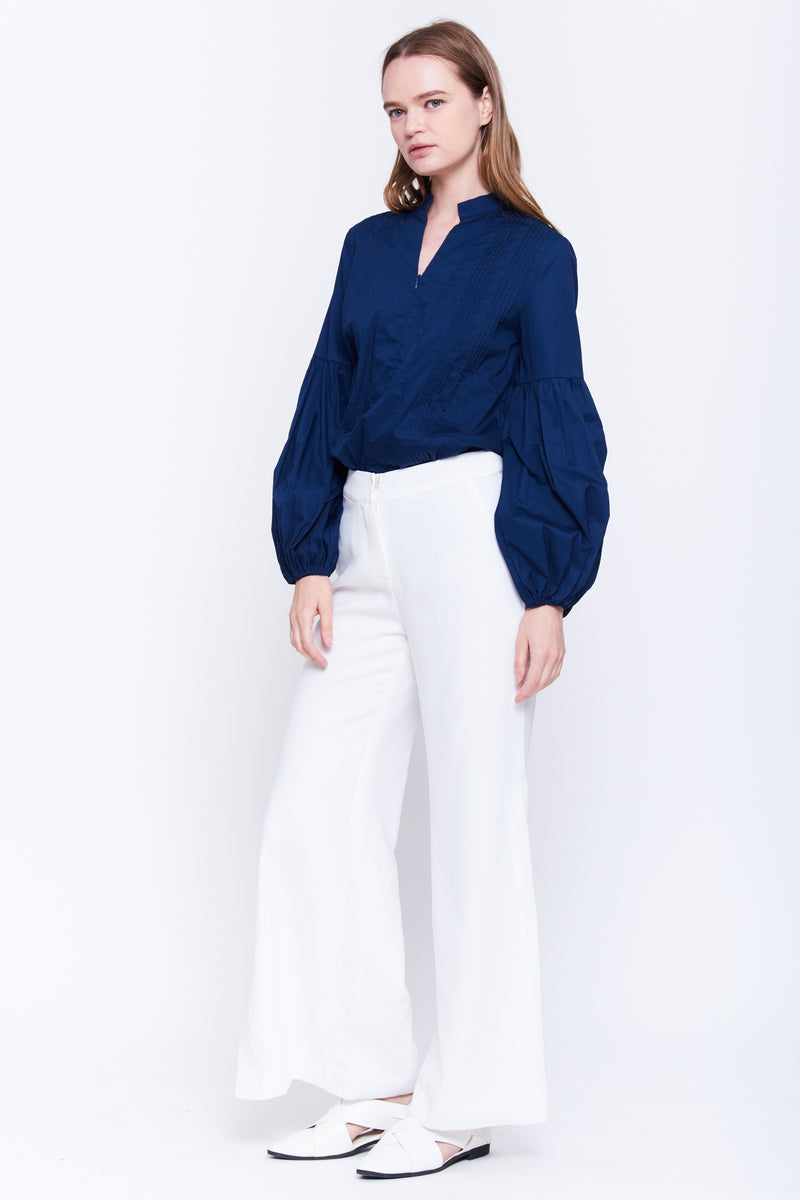 Pleat Front Cotton Blouse In Navy