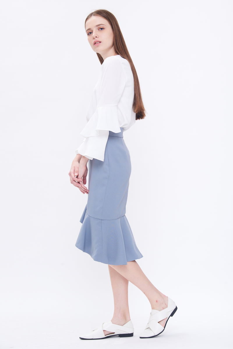 Ruffle Marmaid Skirt In Dusty Blue