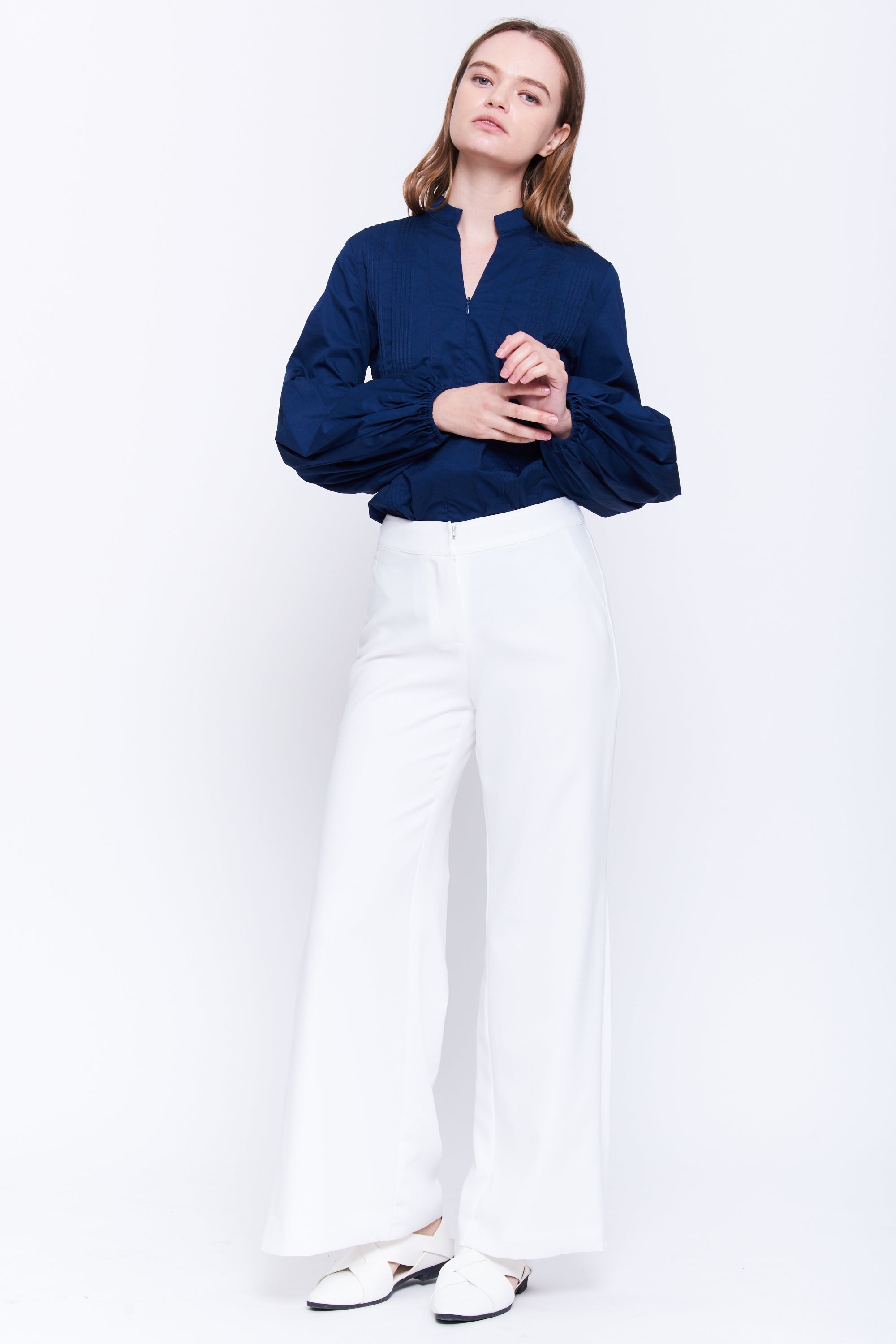 Pleat Front Cotton Blouse In Navy