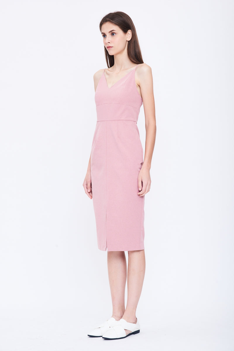 V Neck Tailored Dress in Pink