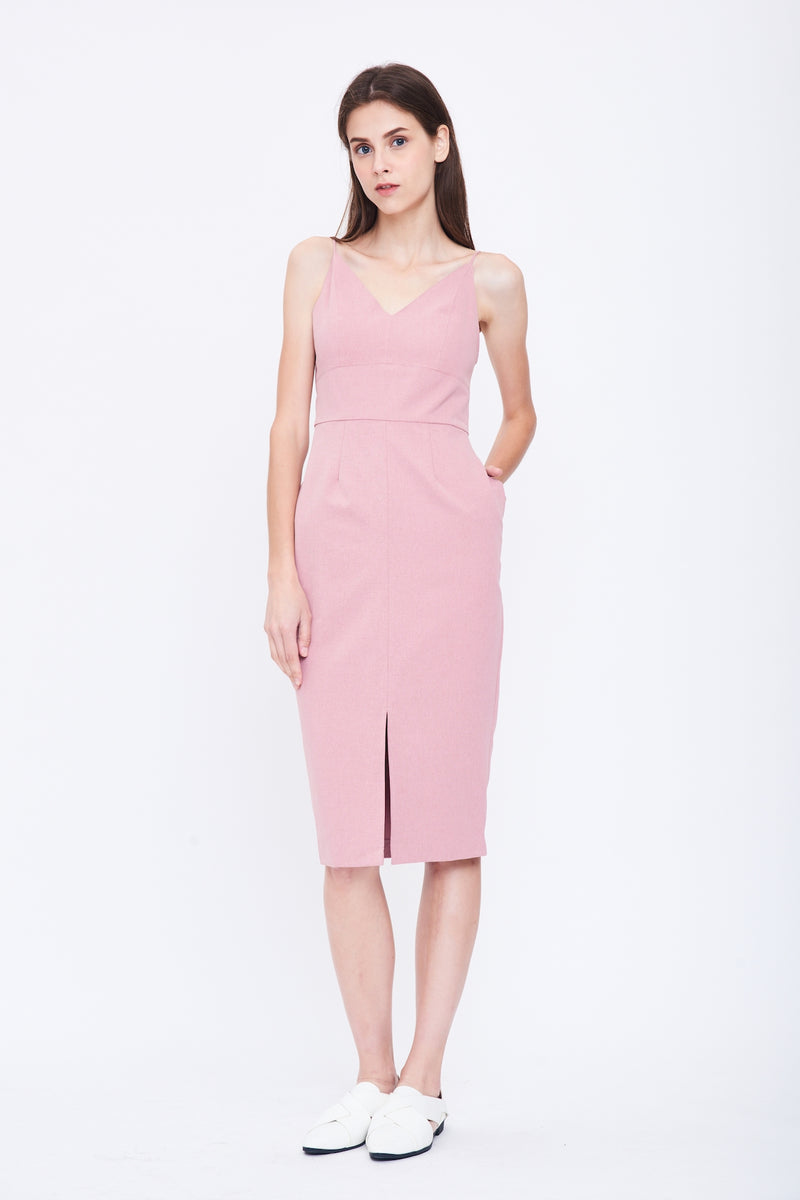 V Neck Tailored Dress in Pink